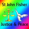 Diagonal rainbow-striped background with images of a dove and a scales also words St John Fisher  &  Justice and Peace
